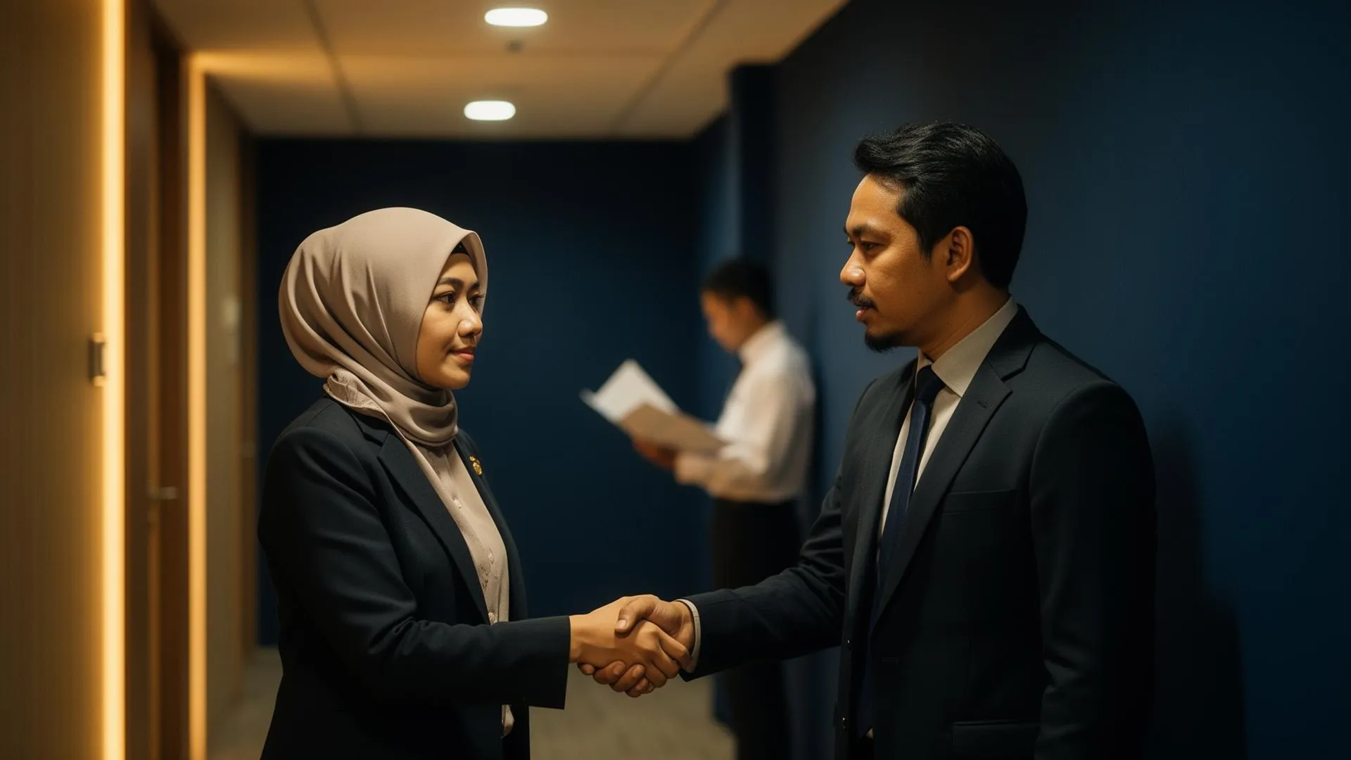 Two professionals greeting each other at the start of a partnership meeting.