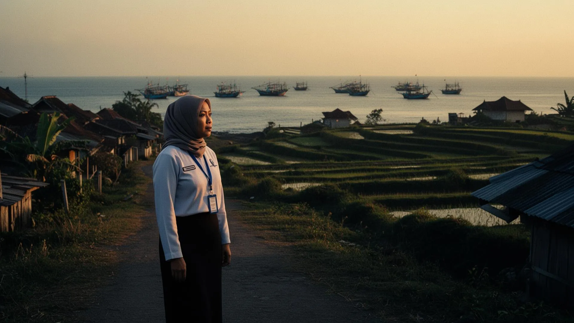 Fishing boats moored off an Indonesian coastal village at first light, with terraced fields rising behind the shoreline.