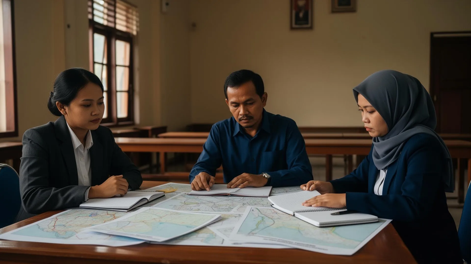 BisaBaik field team reviewing program plans with local coordinators in a village hall.