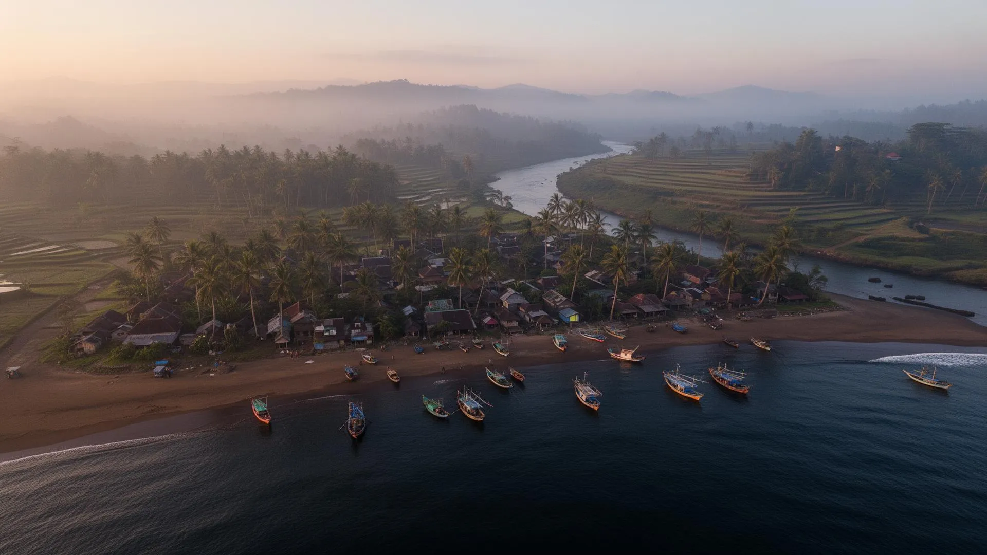Aerial view of an Indonesian coastal village at dawn.