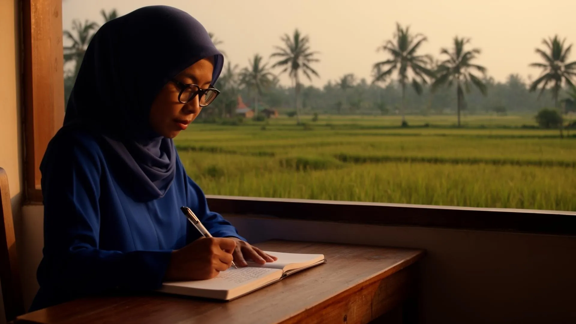 Researcher writing field notes overlooking Indonesian rice fields.