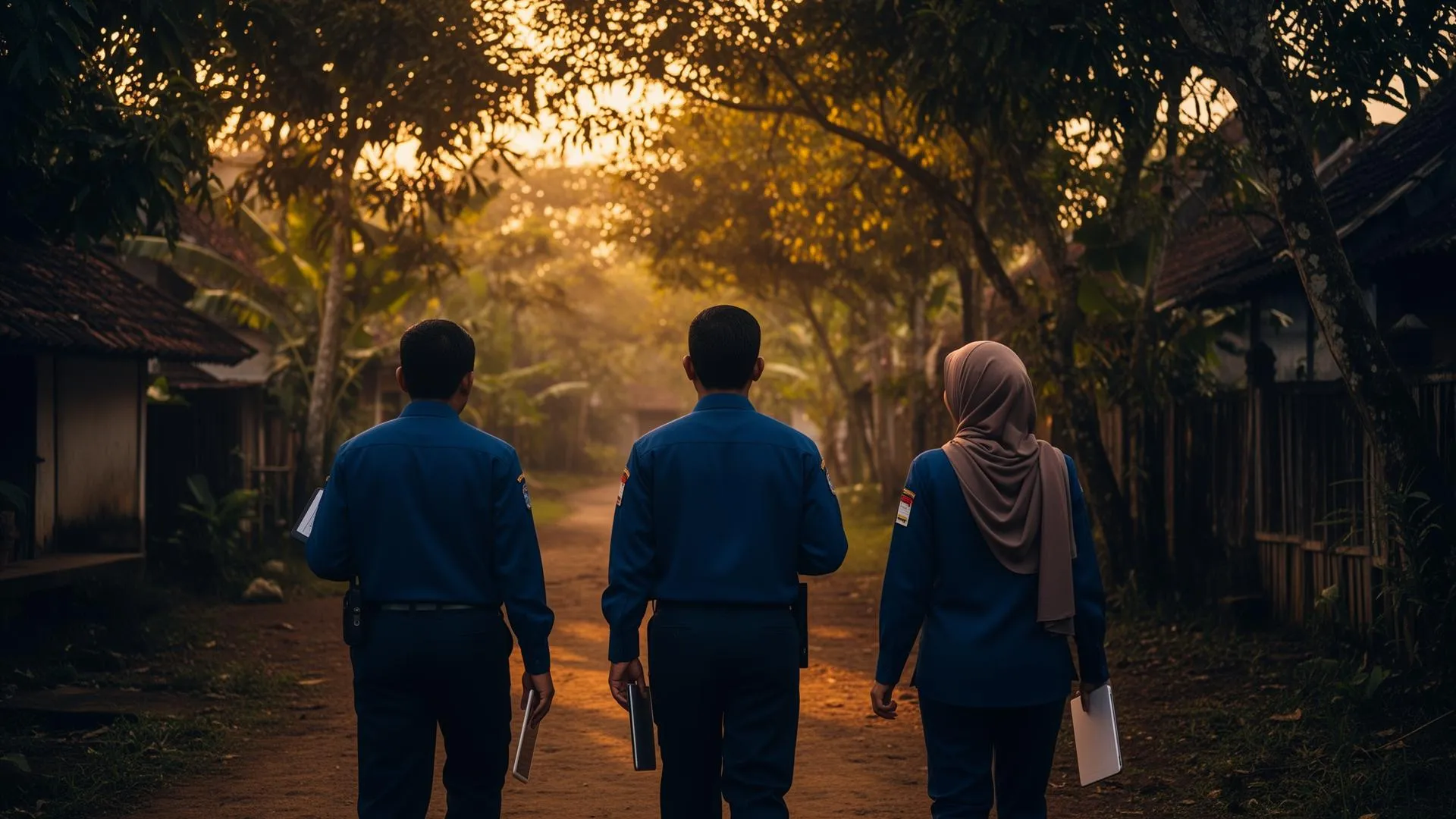 BisaBaik field operations team walking through an Indonesian village at golden hour.
