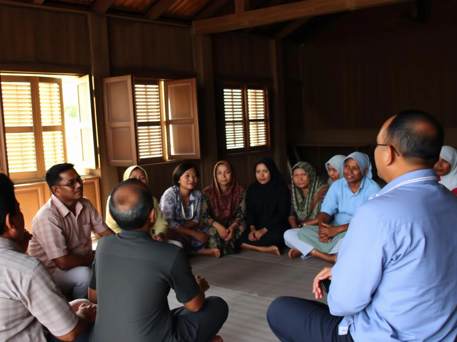 Community members and BisaBaik facilitators seated in a circle during a participatory planning session.