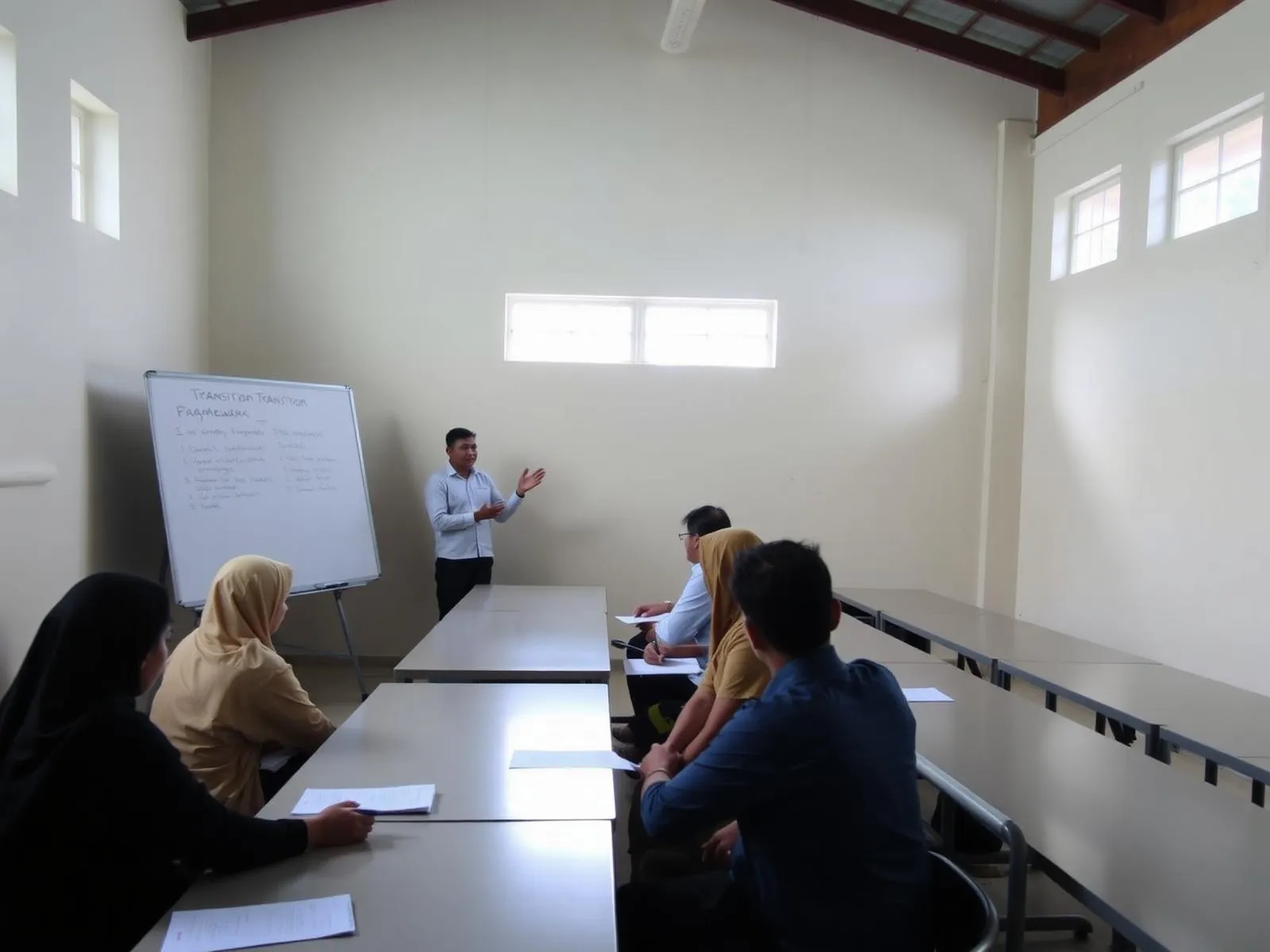 Training and exit-readiness session with community participants around a whiteboard.