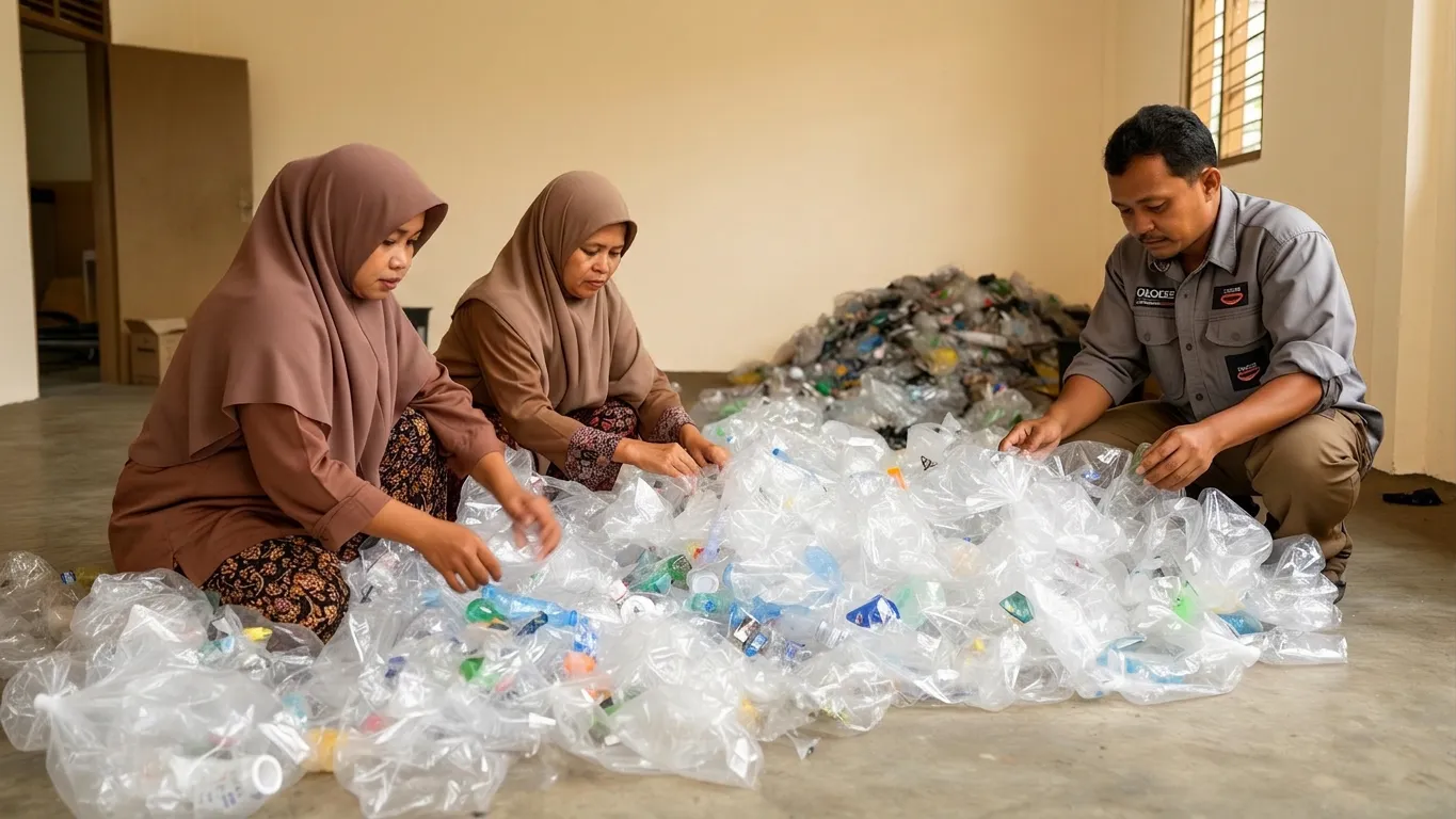 Community waste-bank staff sorting recyclable plastics.